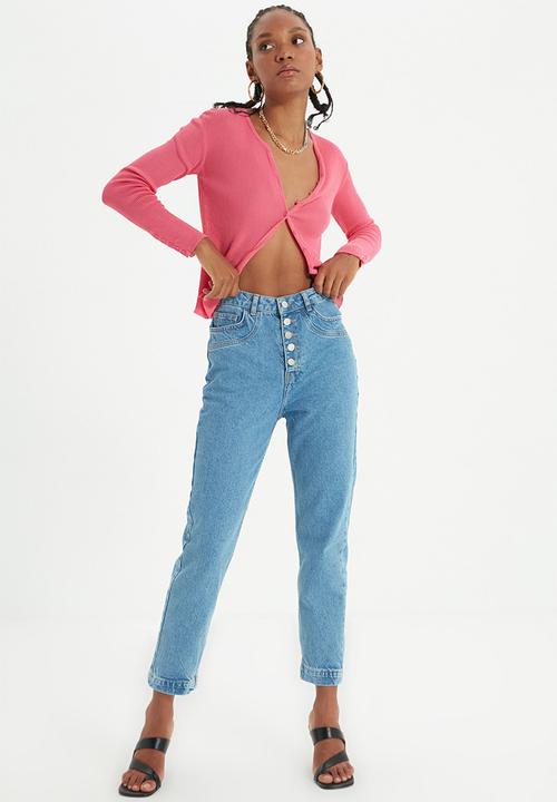 Trendyol - Stitch detailed front button high waist mom jeans - blue