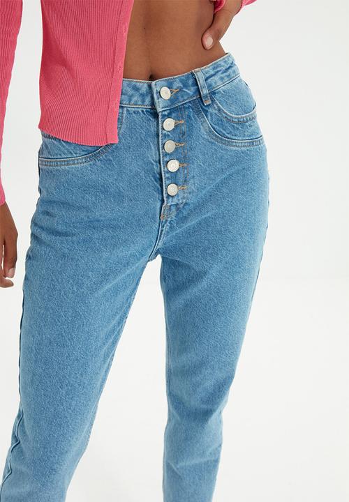 Trendyol - Stitch detailed front button high waist mom jeans - blue