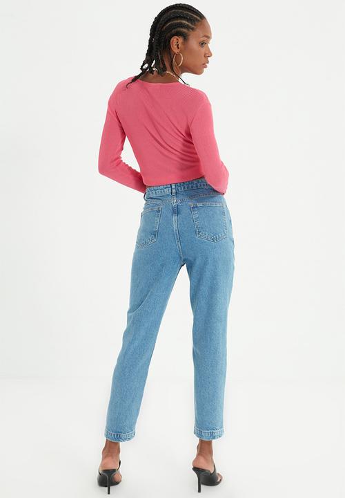 Trendyol - Stitch detailed front button high waist mom jeans - blue