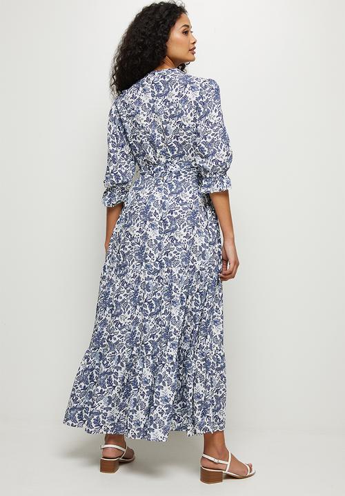 edit - Ruffled detail tiered midi dress - navy & white 