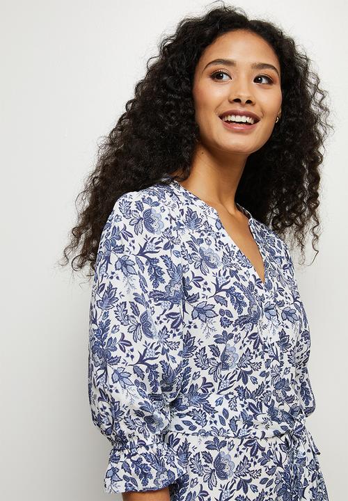 edit - Ruffled detail tiered midi dress - navy & white 