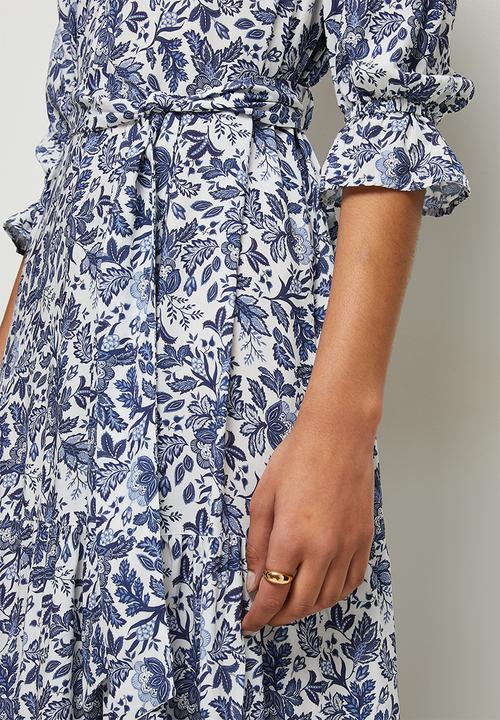 edit - Ruffled detail tiered midi dress - navy & white 