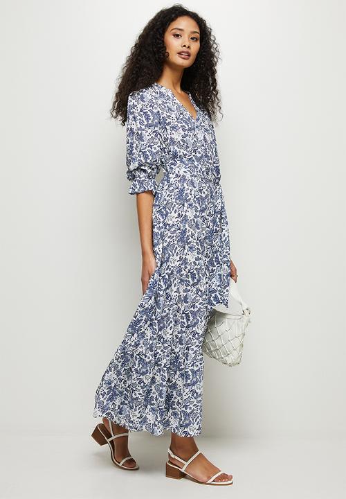 edit - Ruffled detail tiered midi dress - navy & white 