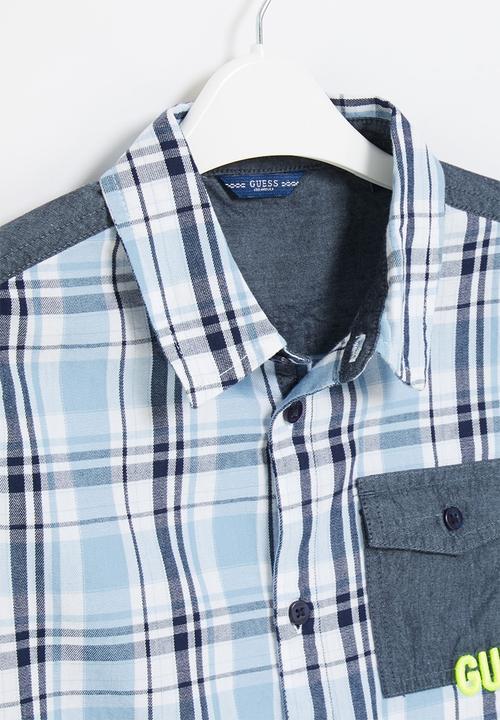GUESS - Younger boys short sleeve check shirt - blue & white