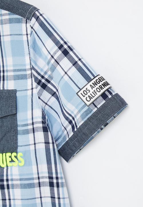 GUESS - Younger boys short sleeve check shirt - blue & white