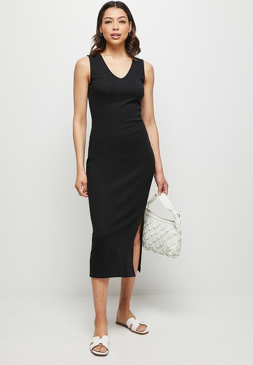 edit - V-neck heavy knit column dress - black