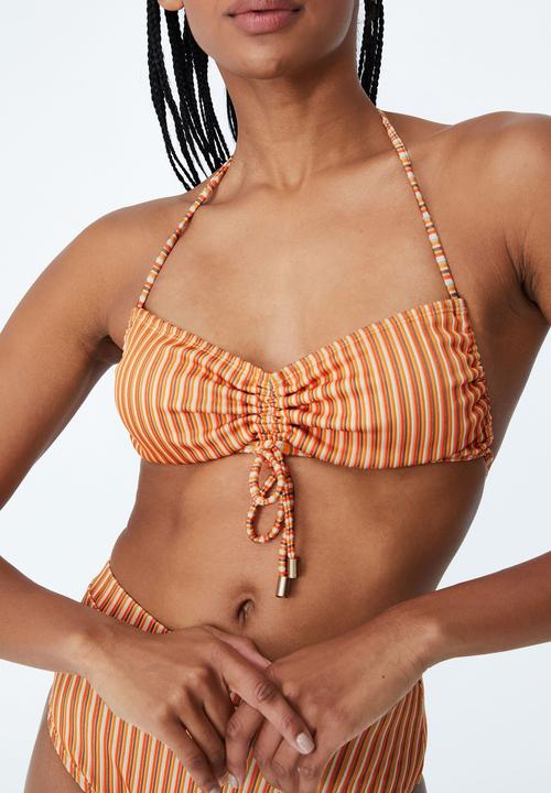 Cotton On - Gathered backless halter bikini top - carrot cake multi lurex stripe