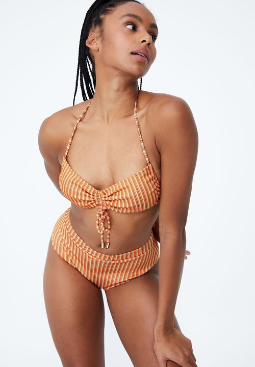 Cotton On - Gathered backless halter bikini top - carrot cake multi lurex stripe