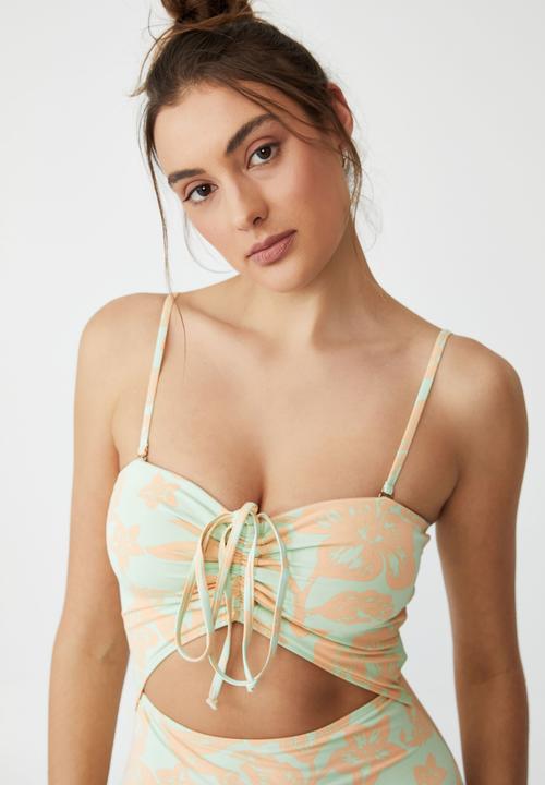 Cotton On - Gathered tie front halter one piece cheeky - hibiscus vine mint chip