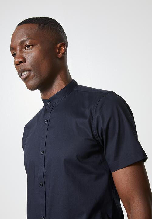 Superbalist - Mandarin slim fit short sleeve shirt - navy