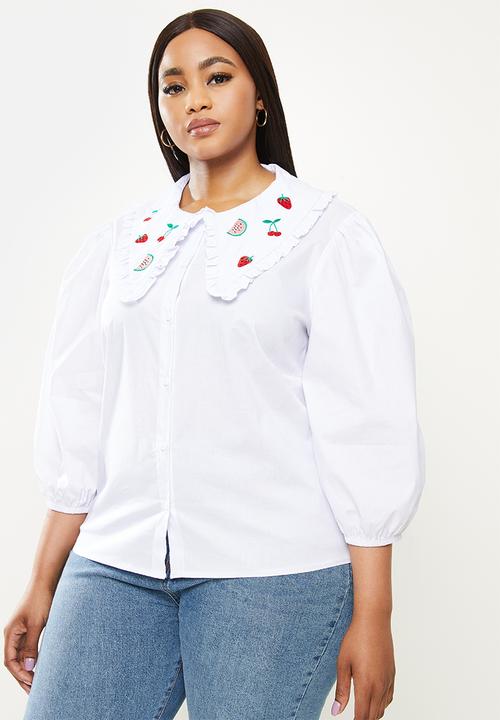 Me&B - Plus large collar shirt with puff sleeves - white