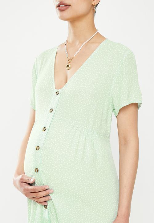 Cotton On - Maternity woven button front ss midi dress - phoebe ditsy soft teal