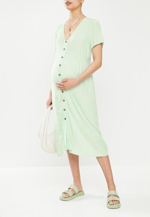 Cotton On - Maternity woven button front ss midi dress - phoebe ditsy soft teal
