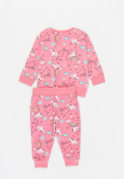 MINOTI - Baby girls basic aop fleece sweat set - pink