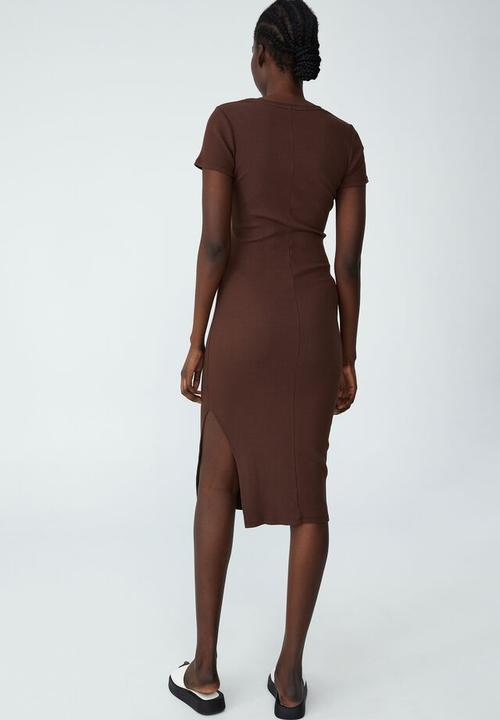 Cotton On - Essential split short sleeve midi dress - rich chocolate