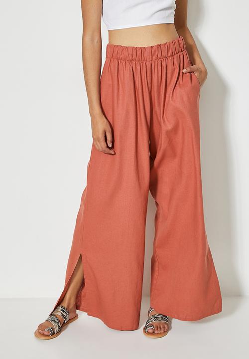 VELVET - Linen pull on wide leg with slits - rust