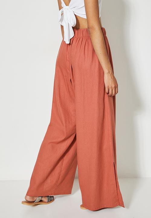 VELVET - Linen pull on wide leg with slits - rust