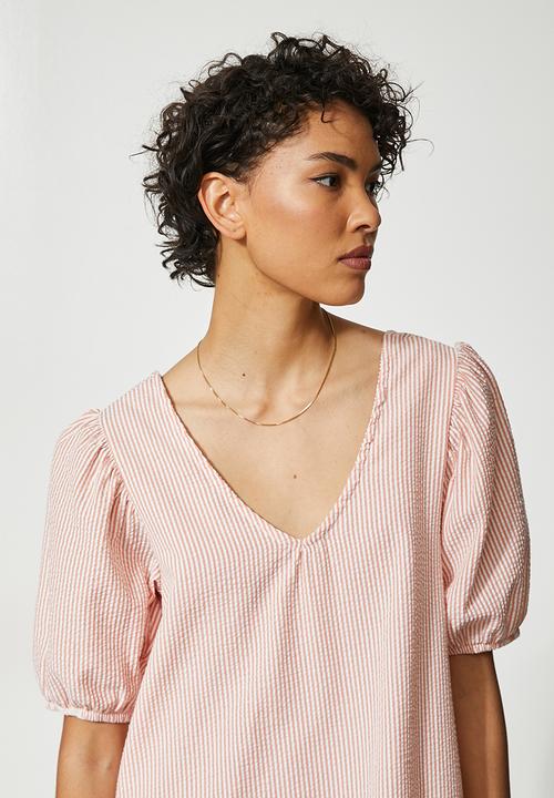 Superbalist - Textured woven babydoll dress with tier - peach & white 