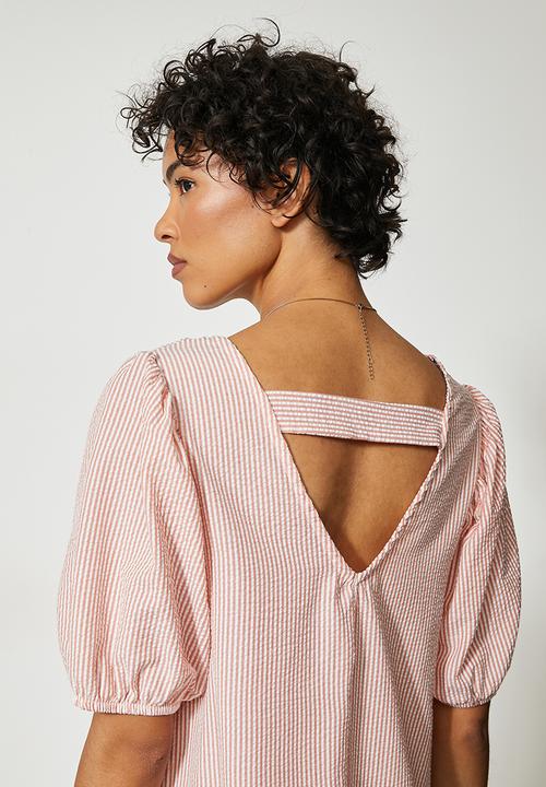 Superbalist - Textured woven babydoll dress with tier - peach & white 