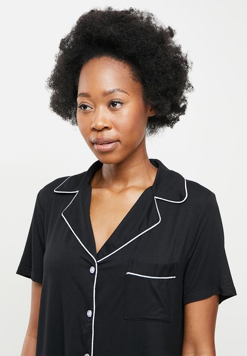 dailyfriday - Piped sleep shirt & shorts set - black