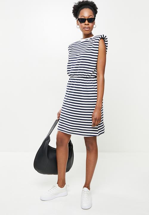 ONLY - Jen life sleeveless shoulderpad dress - white & navy