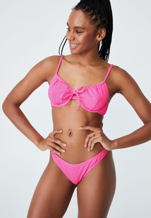 Cotton On - High side brazilian seam bikini bottom - aurora pink crinkle