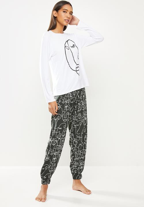 Superbalist - Sleep long sleeve top and pants set - white & black
