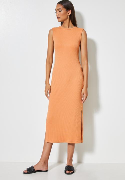 VELVET - Open back rib pencil dress - tan