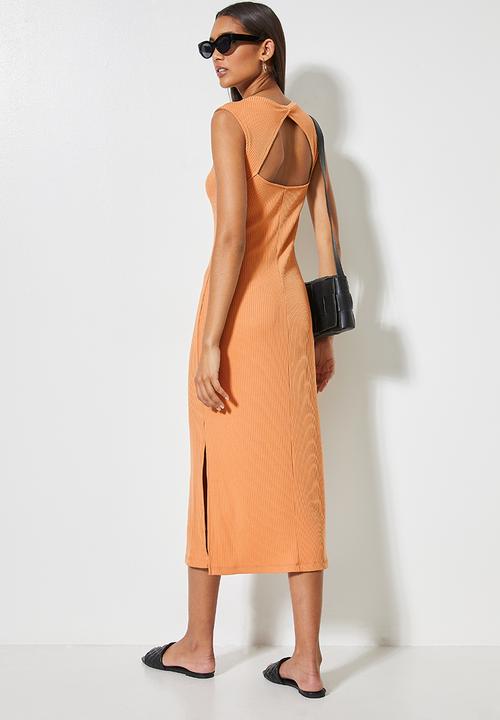 VELVET - Open back rib pencil dress - tan