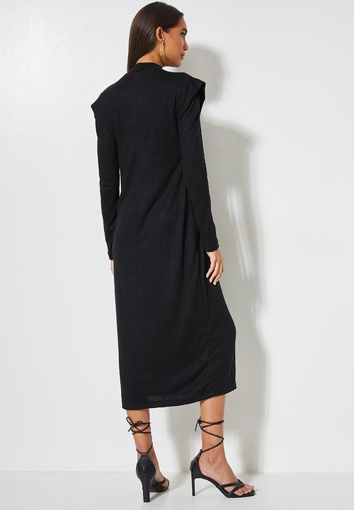 VELVET - Brushed soft touch power shoulder column midi dress - black