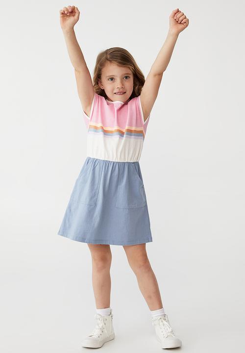 Cotton On - Sigrid short sleeve dress - dusty blue/retro colour block