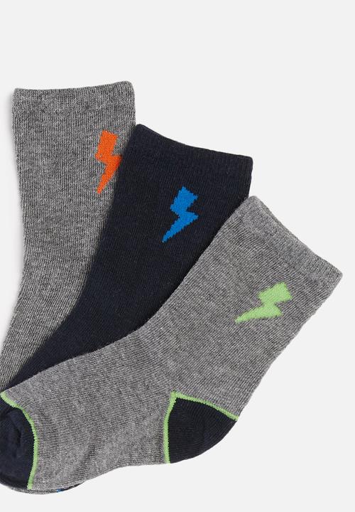 MINOTI - Boys 3 pack lightning bolt socks - navy & grey