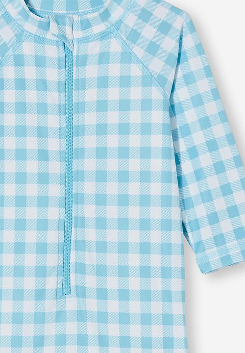 Cotton On - Cameron long sleeve swimsuit - blue ice/vanilla dylan gingham