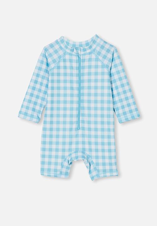 Cotton On - Cameron long sleeve swimsuit - blue ice/vanilla dylan gingham