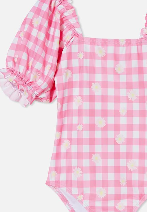 Cotton On - Paige puff sleeve one piece - pink punch/gingham daisy