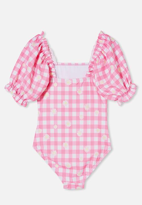 Cotton On - Paige puff sleeve one piece - pink punch/gingham daisy