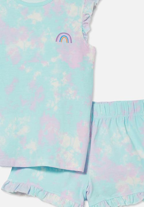 Cotton On - Stacey short sleeve flutter pyjama set - tie dye rainbow/dream blue