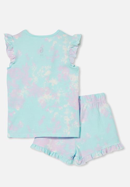 Cotton On - Stacey short sleeve flutter pyjama set - tie dye rainbow/dream blue
