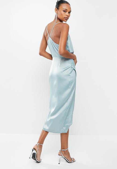 Missguided - Asymmetric strap drape satin midi dress - aqua