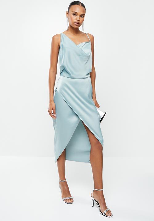Missguided - Asymmetric strap drape satin midi dress - aqua
