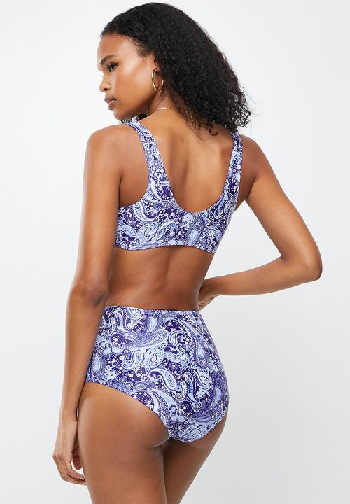 Missguided - Paisley high waisted bikini bottom - navy & white 