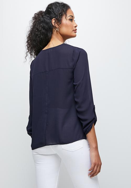 edit - Roll up sleeve notch neck blouse - navy
