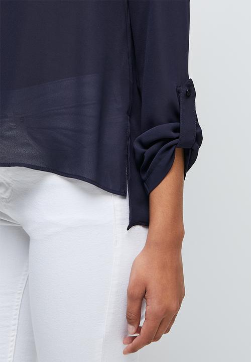 edit - Roll up sleeve notch neck blouse - navy