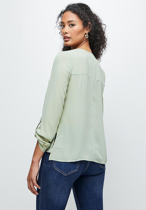 edit - Roll up sleeve notch neck blousee - desert sage