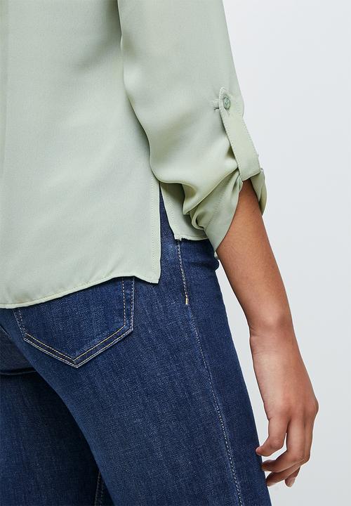 edit - Roll up sleeve notch neck blousee - desert sage