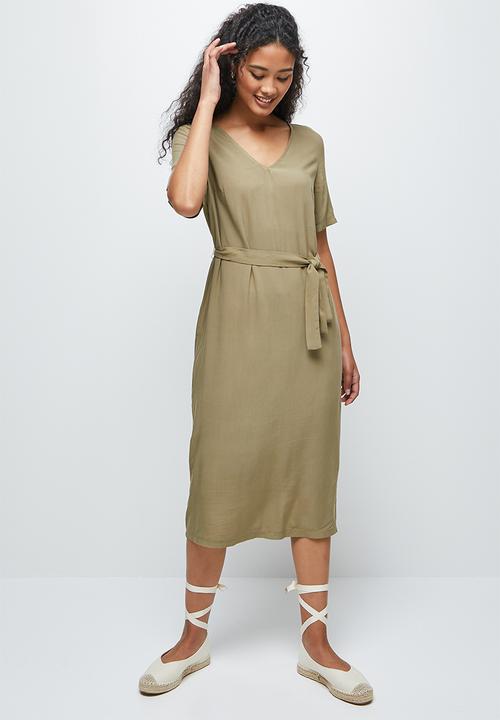 edit - Woven belted midi tunic - khaki