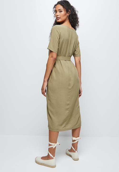 edit - Woven belted midi tunic - khaki