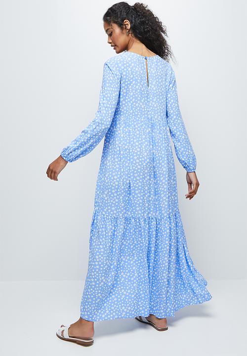 edit - Long sleeve V-neck tiered midi dress - blue micro ditsy