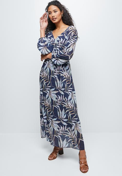 edit - Gauged v-back chiffon maxi - navy palm print