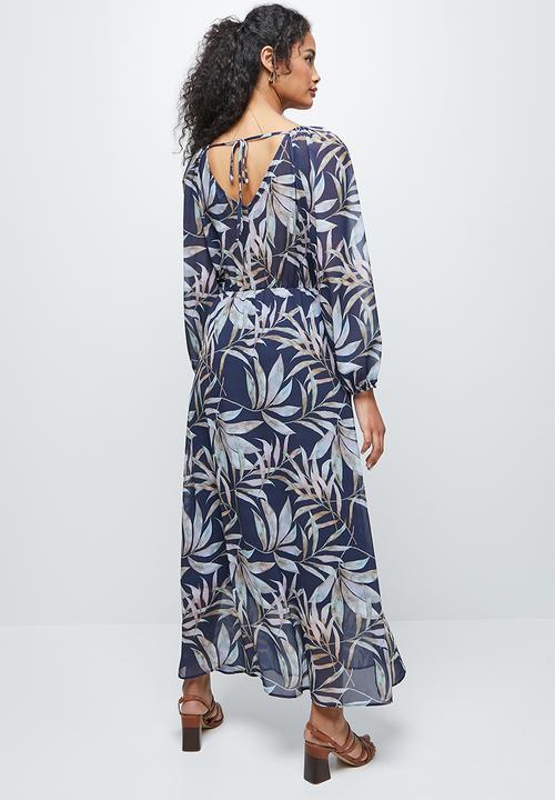 edit - Gauged v-back chiffon maxi - navy palm print